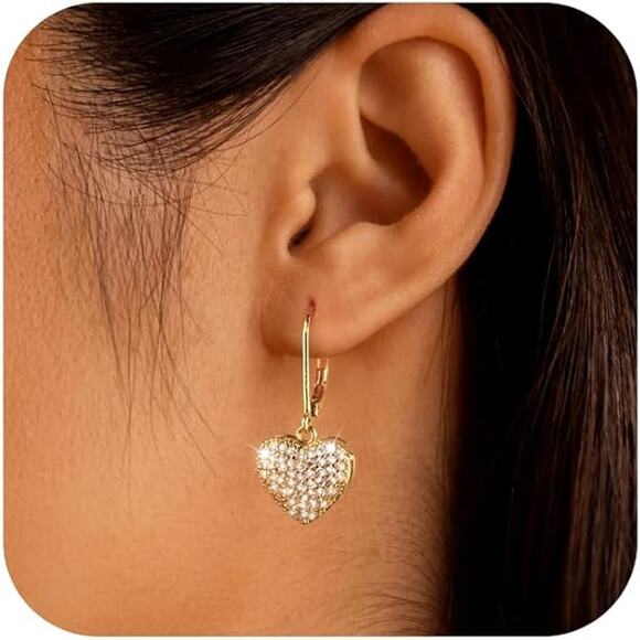 925 Sterling Silver 14K Gold Plated Heart Waterdrop Dangle Earring for Women - Picture 2 of 5